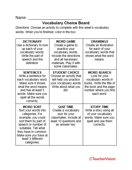 science vocabulary homework choice board